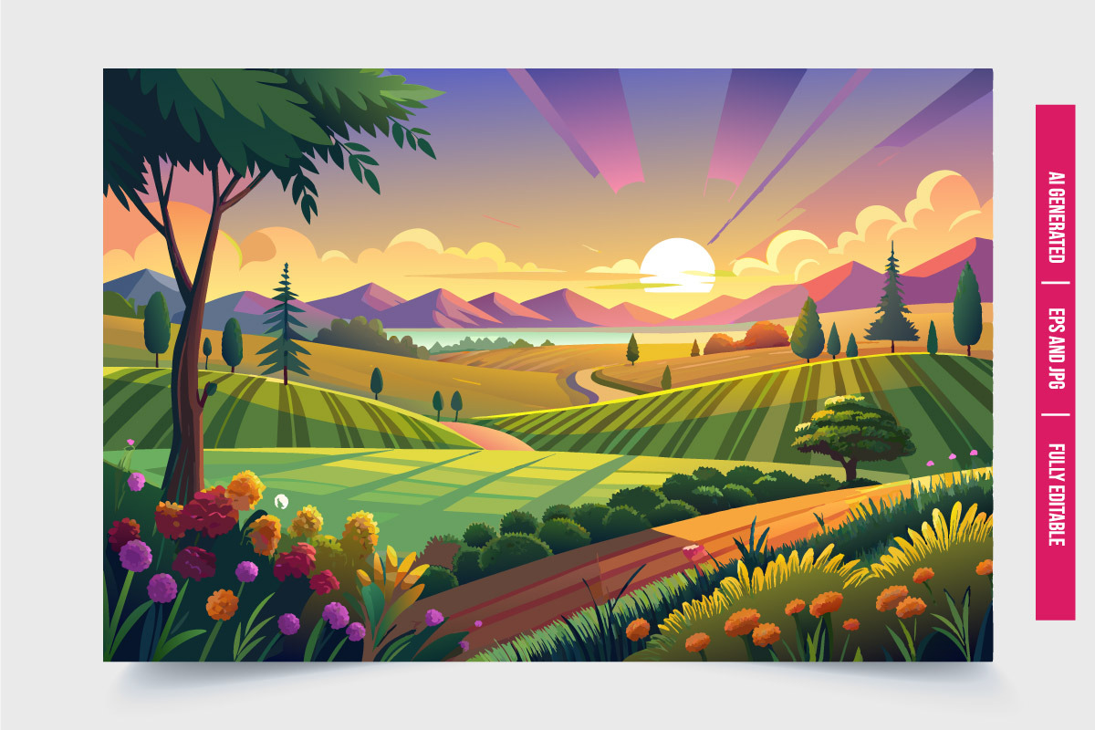 Sunset Over Green Hills and Road, an Illustration by Tanuart (Photo 2 of 3)