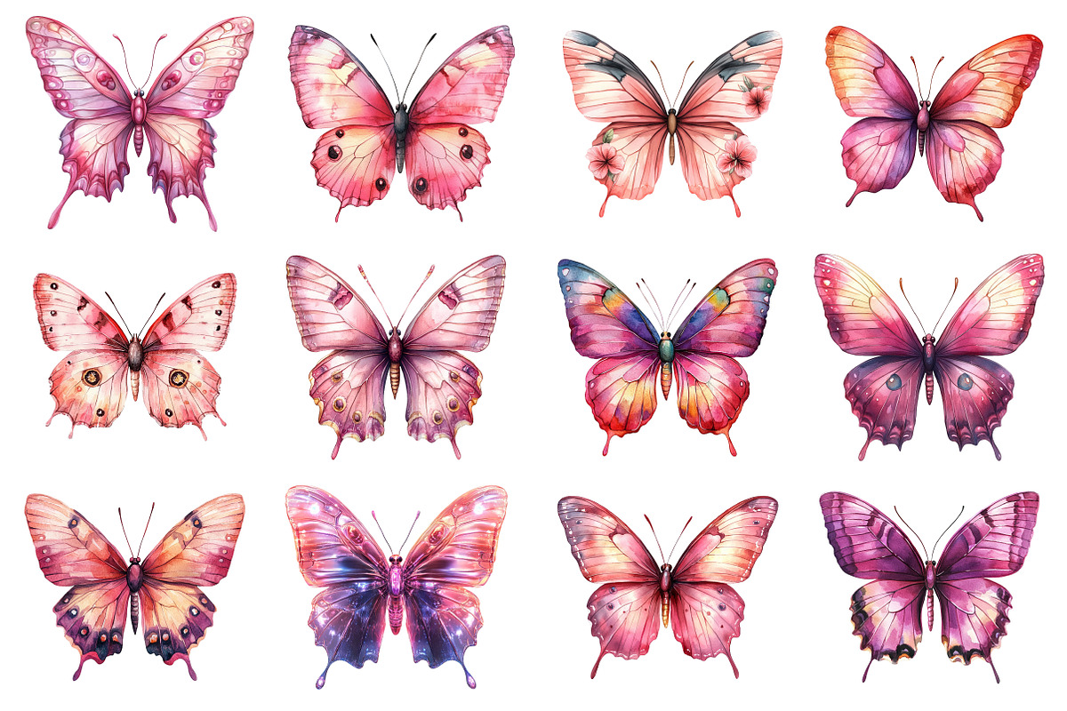 Pink Butterfly Watercolor Clipart, an Illustration by Dream Creation (Photo 2 of 5)