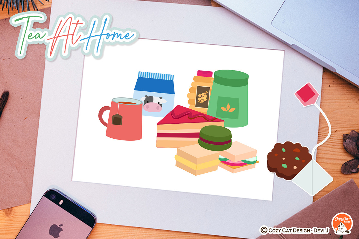 Tea At Home Digital Clip Art, an Object Graphic by Cozy Cat Design (Photo 3 of 3)