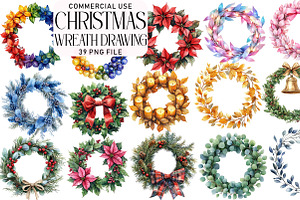 Christmas Wreath Drawing Clipart, an Illustration by Daily.Designs
