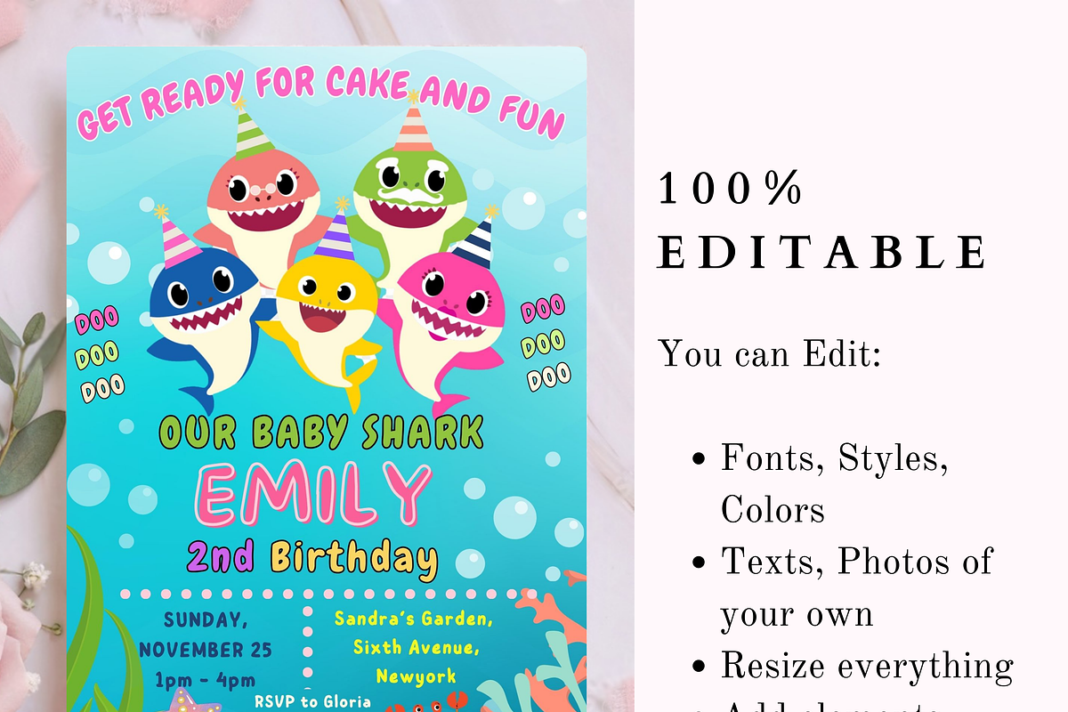 Personalized Baby Shark Invite, an Invitation Template by GlamPartyInvites (Photo 5 of 10)