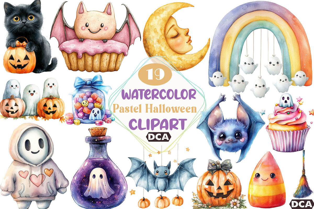 Cute Pastel Halloween Clipart Bundle, an Illustration by DreamCafeArt (Photo 1 of 6)