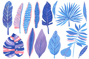 Tropical Leaves In Blue Pink