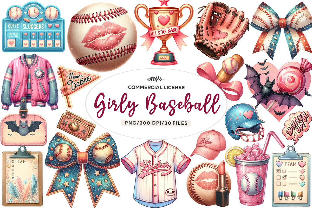 Watercolor Retro Girly Baseball Clip, an Illustration by CreationArt (Photo 1 of 9)