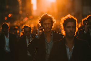 Business professional commuting during golden hour in busy urban city street, a Business Photo by AS photostudio