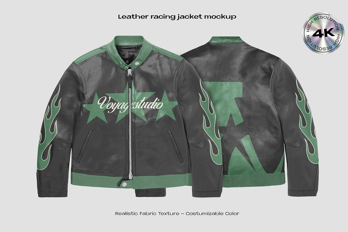 Leather racing jacket mockup, an Apparel Mockup by Voyage Studio