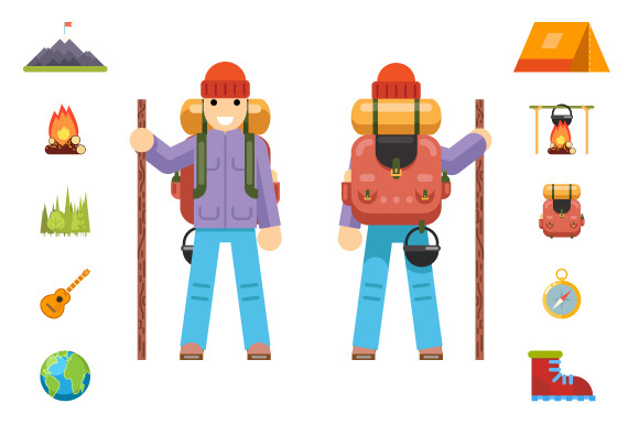 Backpaker Mountain Travel Icons Set