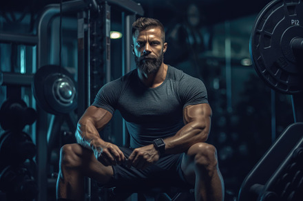 Handsome muscular man in gym posing. Generative AI, a Sports & Recreation Photo by designvectx