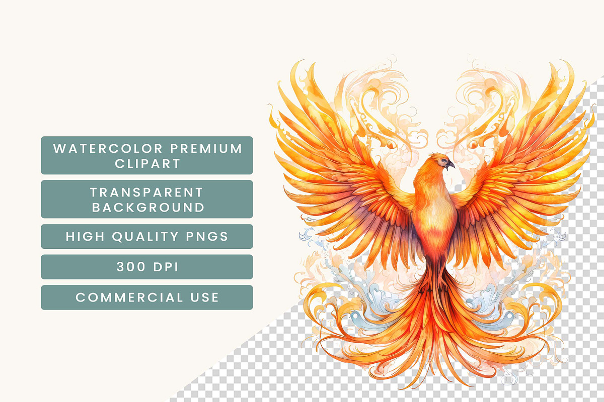 Watercolor Phoenix Clipart Bundle, an Animal Illustration by BusyDaydesign (Photo 6 of 8)