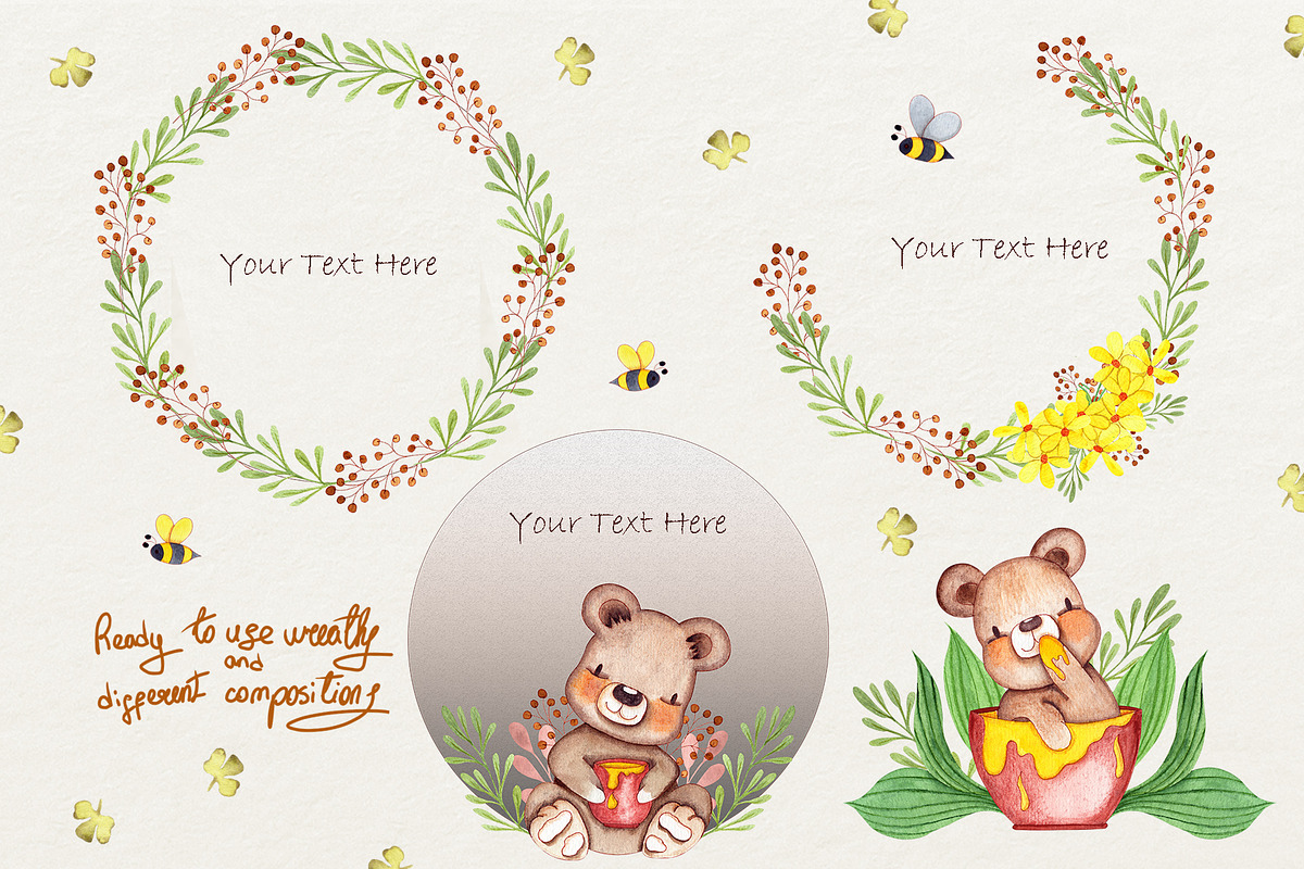 Honey Bears Watercolor Collection, a Decorative Illustration by TanataDesign (Photo 5 of 8)