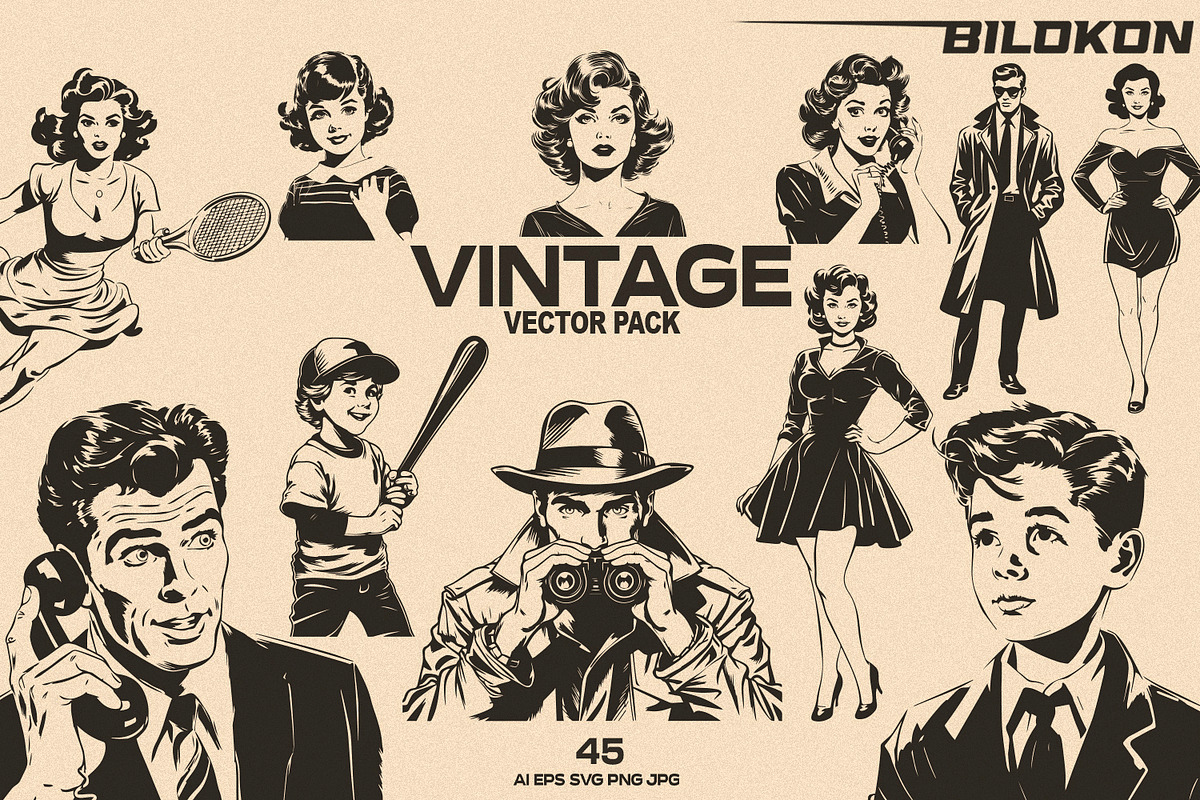 Vintage People Vector Pack, a Person Illustration by Bilokon (Photo 1 of 6)