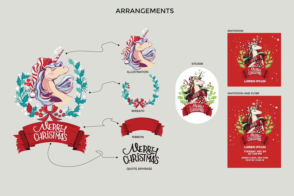 Christmas Unicorn set, an Animal Illustration by defarmerdesign (Photo 4 of 5)