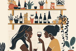 Two friends enjoying drinks together in a cozy and stylish urban space, an Illustration by AS photostudio