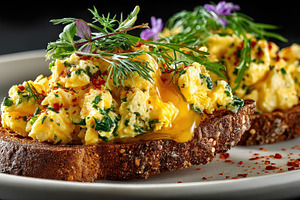 Delicious Scrambled Eggs Toast Garni, a Photo by Pixeness Studio