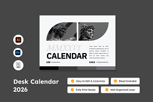 Desk Calendar 2026 Design V2, a Stationery Template by trabaskriya