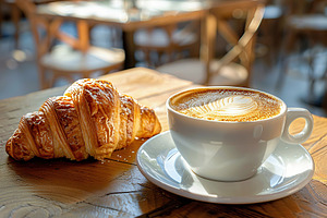 Cup of coffee and croissant on table in cafe with sunlights, a Food & Drink Photo by AlyaAnd