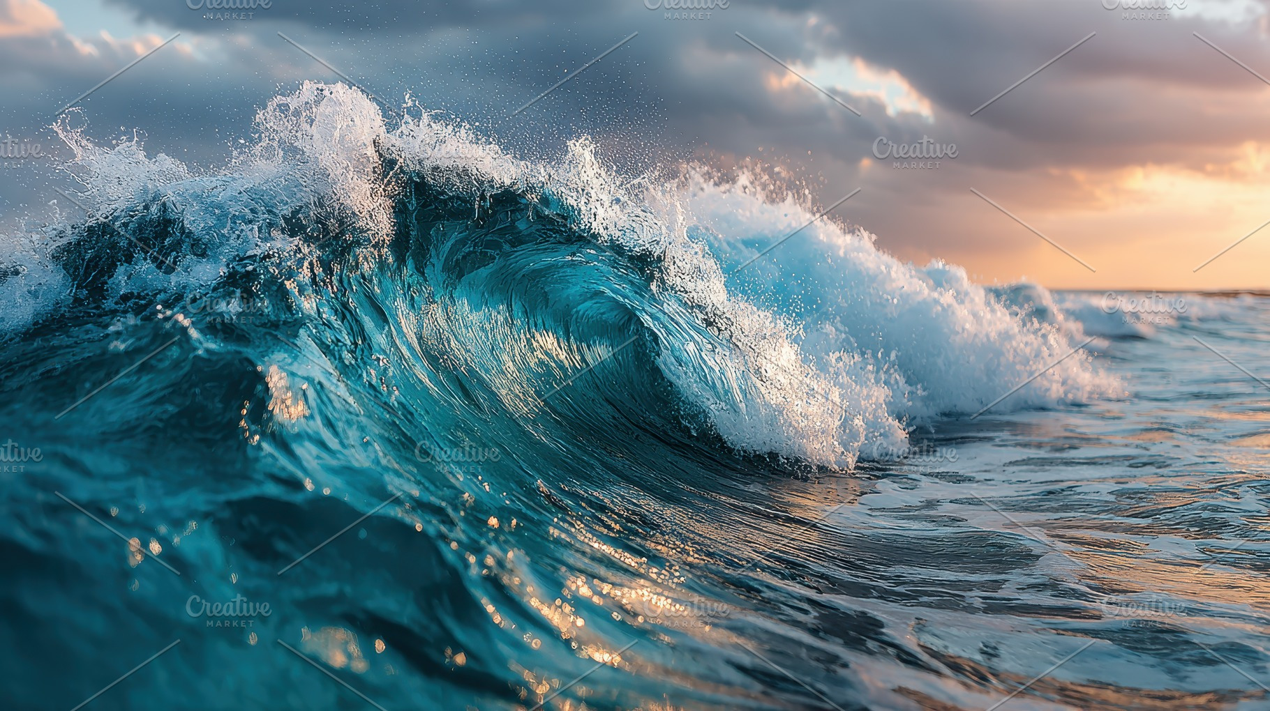 Majestic Ocean Wave Crashing Sunset, a Photo by Pixeness Studio