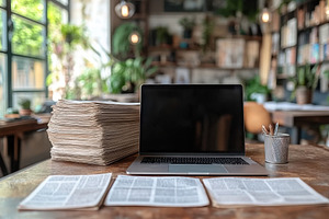 Workspace with laptop, newspapers, a, a Photo by Tanuart