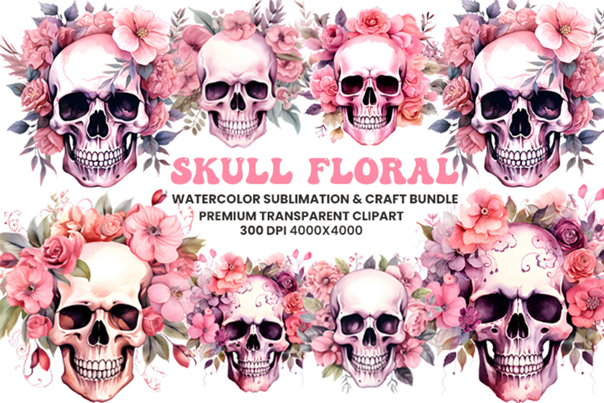 Watercolor Pink Skull Clipart Bundle, an Object Illustration by Creative Arslan (Photo 1 of 9)