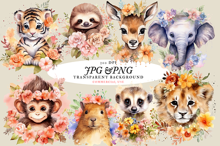 Baby Animals With Flowers Watercolor
