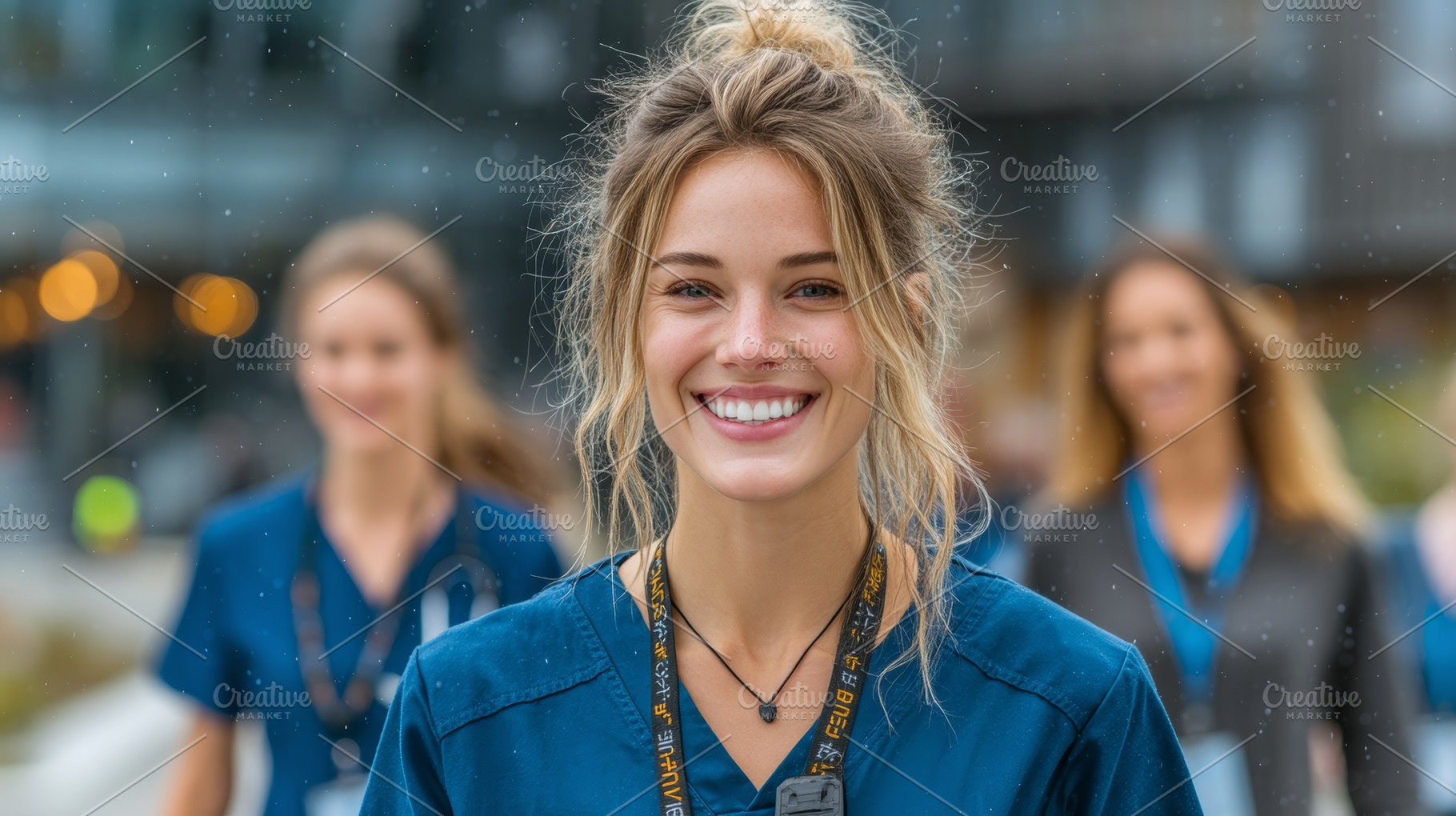 Happy female medical professional with colleagues in an outdoor healthcare sett, a Health & Medical Photo by AS photostudio