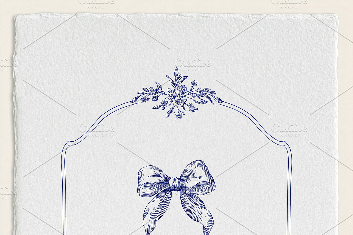 Elegant hand drawn blue bow with a delicate botanical frame, off, an Illustration by Studio ANNA