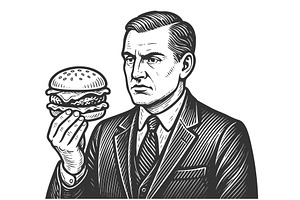 Businessman holding burger engraving, a Food Illustration by AlexArt