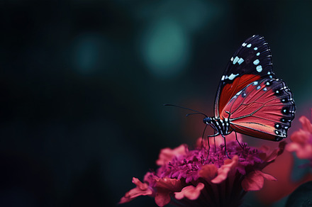 butterfly on blossom flower, panoramic layout. Generative Ai, an Abstract Photo by Ales Munt