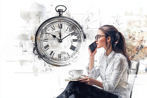 Woman speaking on phone while sippin, a Photo by Pavel_design