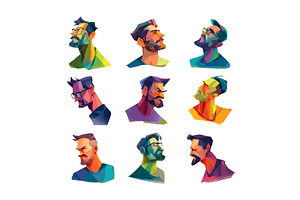 Male avatars low poly vector set, an Object Illustration by Onyx