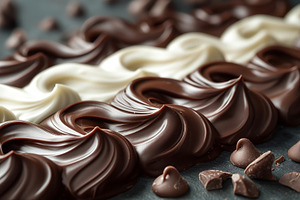 An enticing display of dark and white chocolate swirls, highligh, a Food & Drink Photo by ImageMir