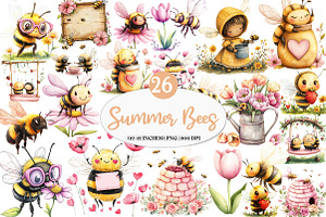 Pink Summer Bees Garden Clipart, an Illustration by Watercolor design