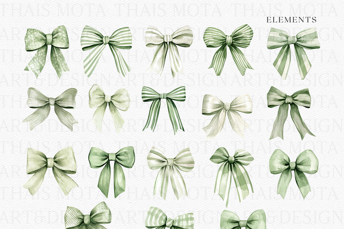 Watercolor Green Bows Clipart, a Decorative Illustration by ThaismotaCreativeCo (Photo 3 of 5)