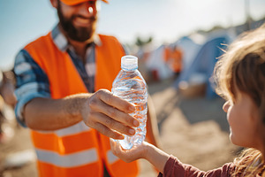 Volunteer gives water bottle to child at outdoor community event during sunny d, a Photo by AlyaAnd