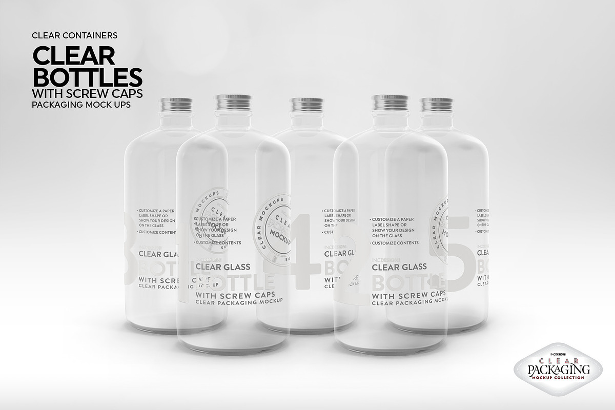 Clear Bottles with Screw Caps Mockup, a Packaging Mockup by INCDesign (Photo 5 of 10)