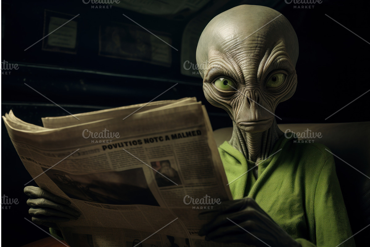 Curious alien read newspaper, an Education Illustration by Ylivdesign
