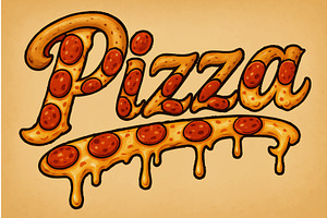 Pizza Typography with Melting Cheese, a Food Illustration by AlexArt