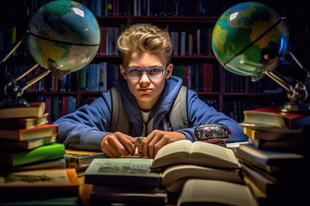 Environmental portrait of a caucasian boy student sitting at a d, a Person Photo by designvectx