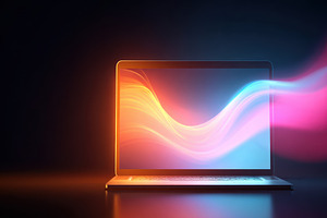 Colorful waves emerging from a laptop, a Technology Photo by AlyaAnd