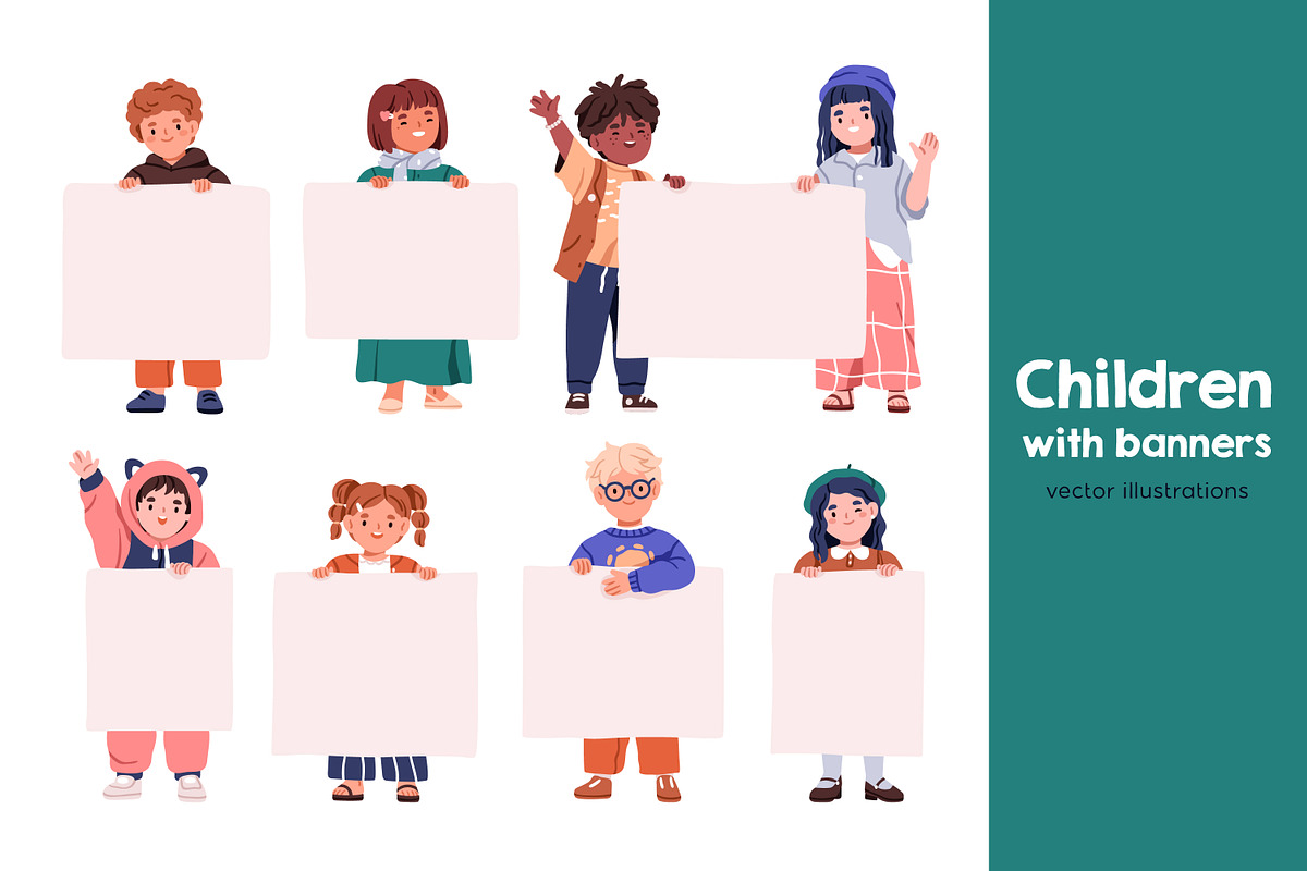 Happy cute children with banners set, a Person Illustration by Good Studio (Photo 1 of 6)