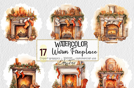 Watercolor Fireplace Christmas Set