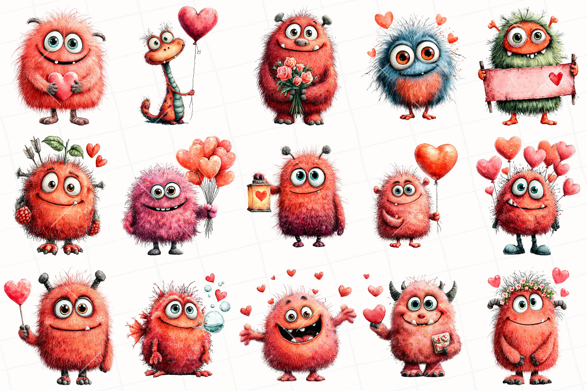 Cute Valentines Monster Clipart, an Illustration by OK Design (Photo 3 of 6)