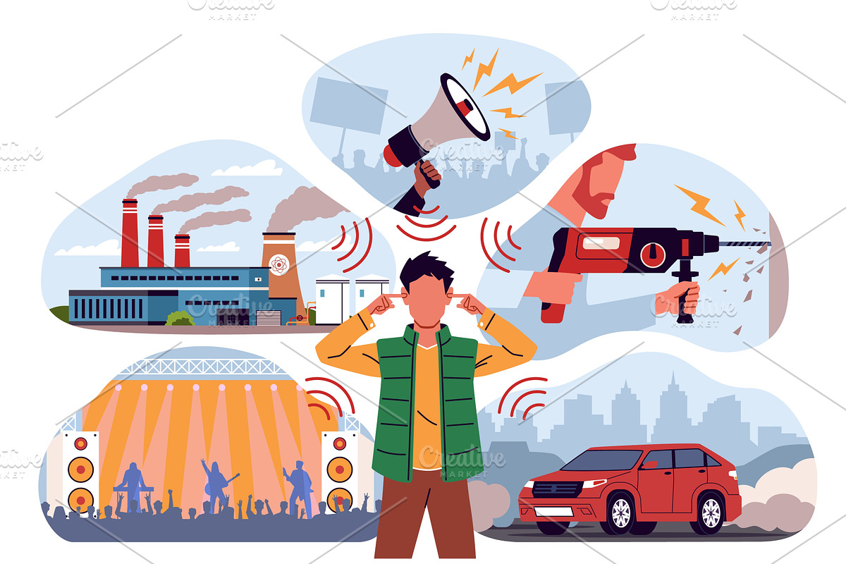 Noise sources. Man puts fingers in, an Illustration by YummyBuum