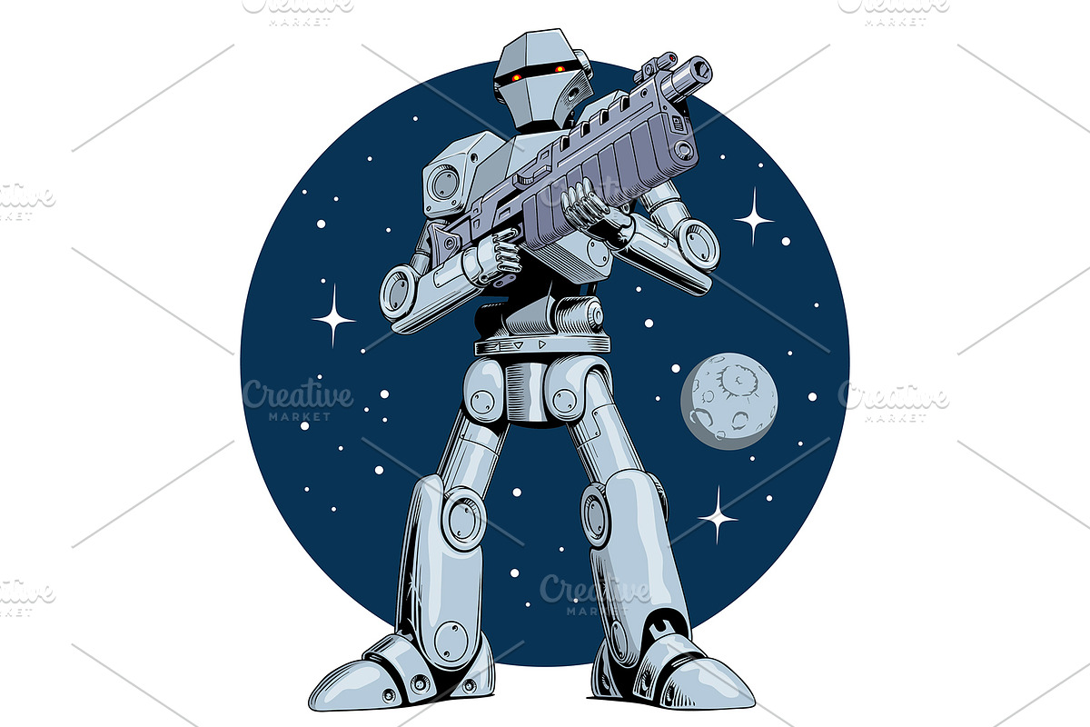 Battle robot holding blaster, a Technology Illustration by Ledokolua
