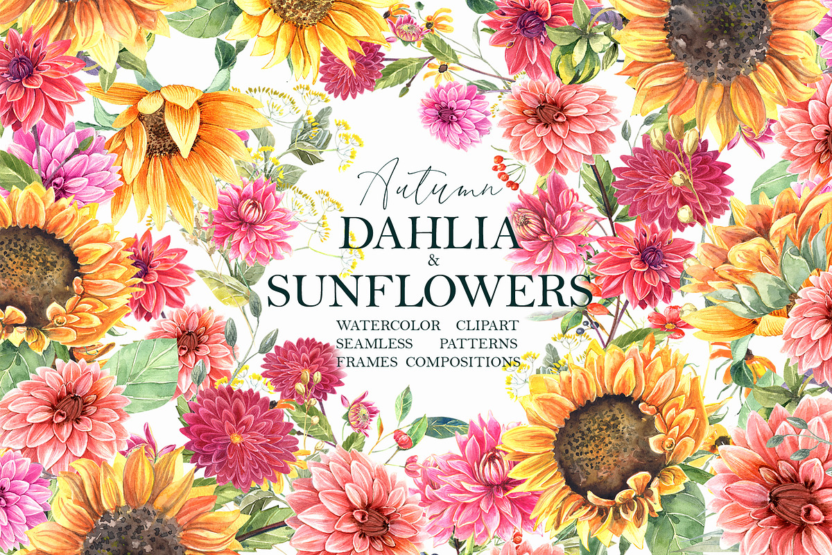 Dahlia and Sunflowers, a Seasonal Illustration by JennyColorArt (Photo 1 of 10)