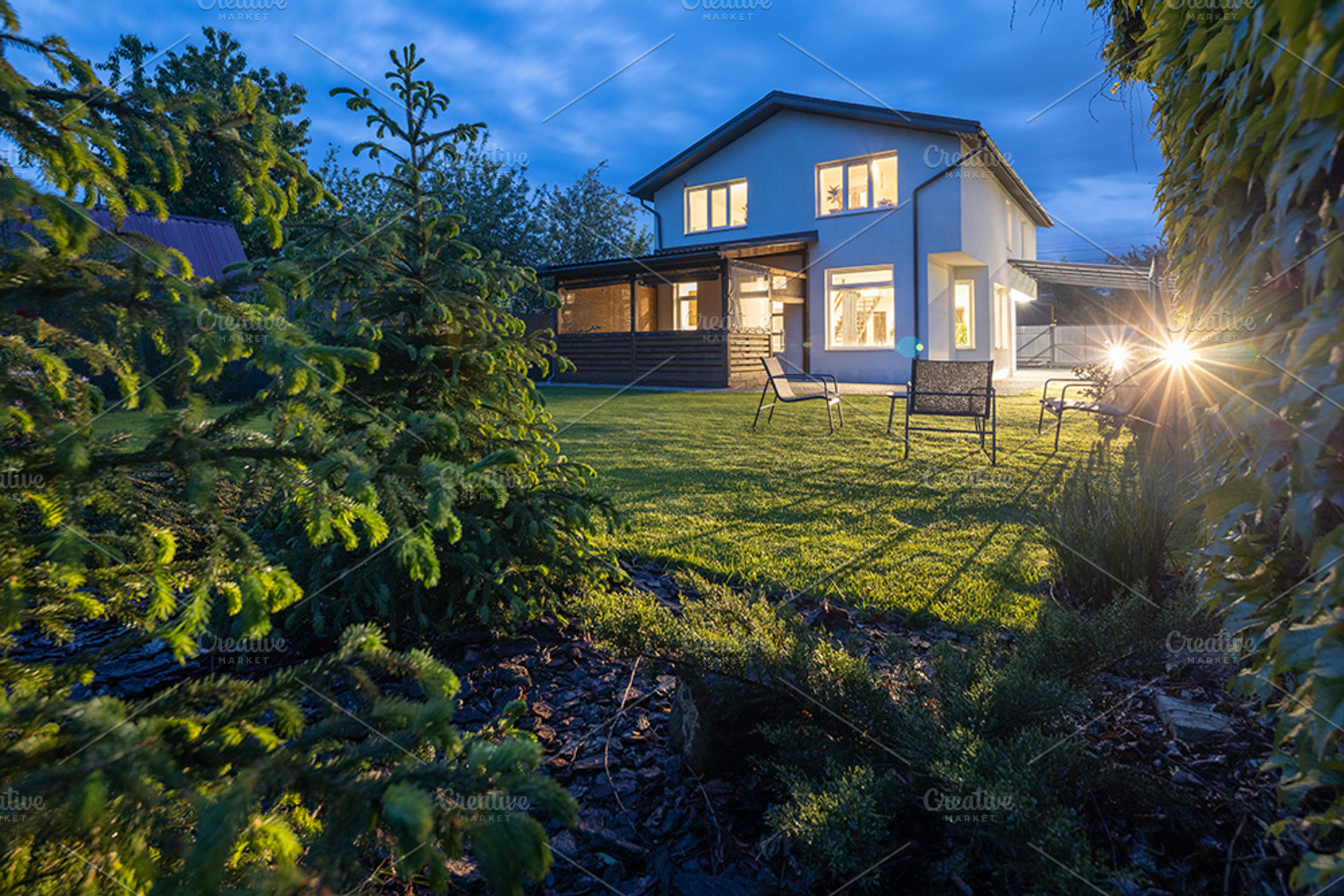 Modern private house at night, a Photo by 5max