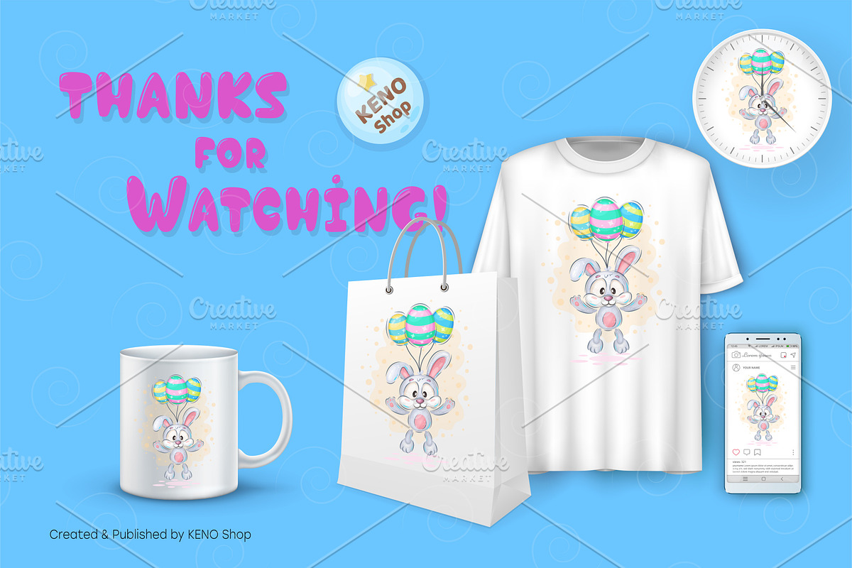 Easter bunny with balloons. Tshirt., an Animal Illustration by KENO Mascots (Photo 5 of 5)