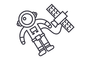 Spaceman In Space With Spaceship Vector Line Icon, Sign, Illustration On Background, Editable Strokes