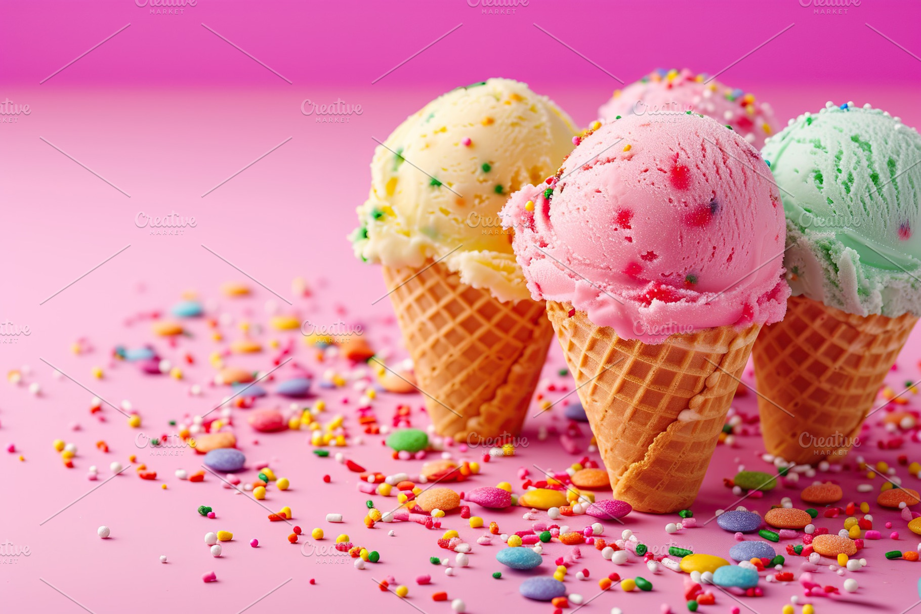 Colorful ice cream scoops with sprinkles in waffle cones on pink background, a Food & Drink Photo by AlyaAnd