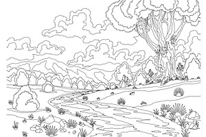 River landscape with hill, tree and, an Illustration by the8monkey